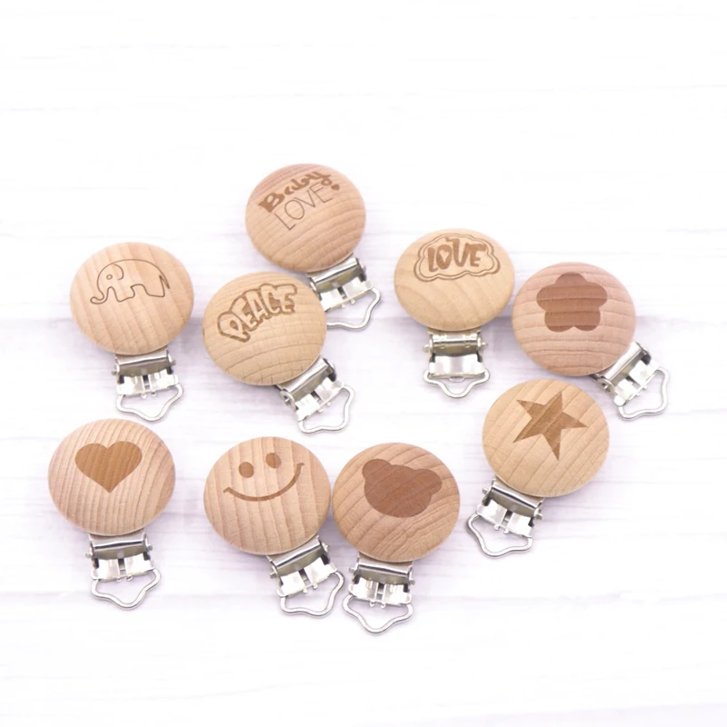 Clips de madera para chupete de beb&eacute;, accesorios para cochecito, juguetes para ni&ntilde;os peque&ntilde;os, collar de dentici&oacute;n, impresi&oacute;n, Clip para chupete infantil, regalo, 5 uds.-4