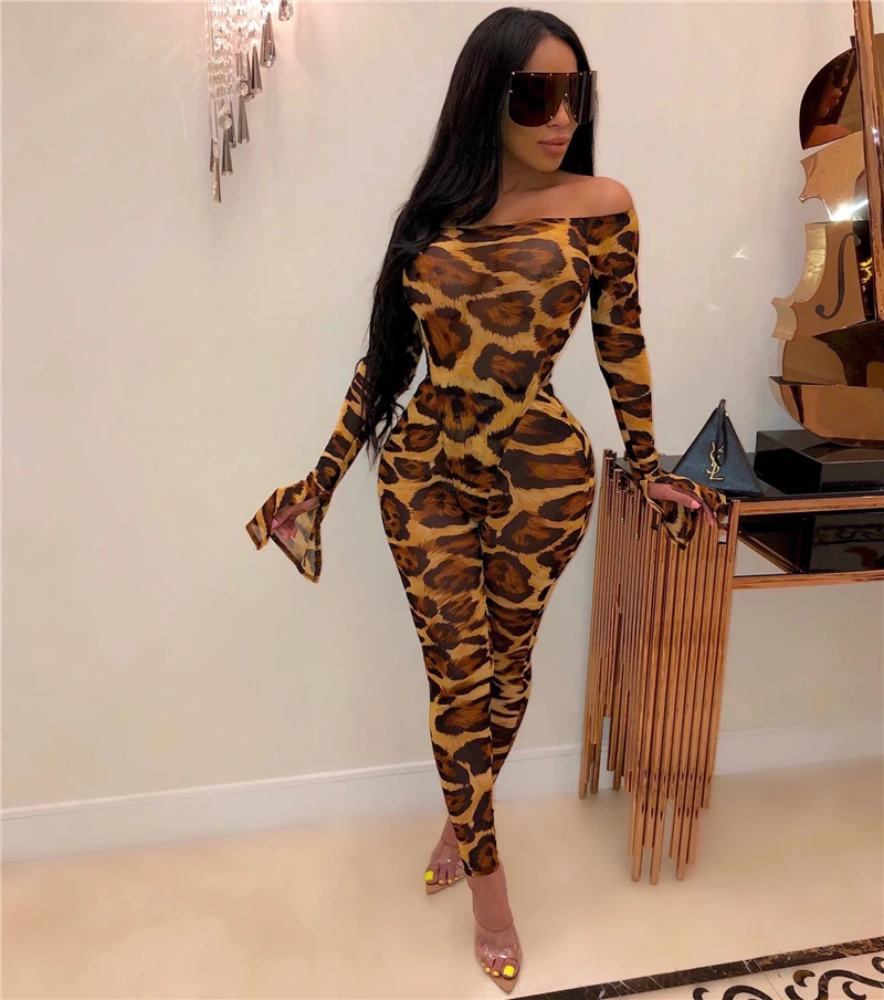 Adogirl Леопардовый принт женский сексуальный комплект из двух предметов с открытыми плечами с длинными расклешенными рукавами боди Топ+ узкие брюки Ночные Клубные костюмы