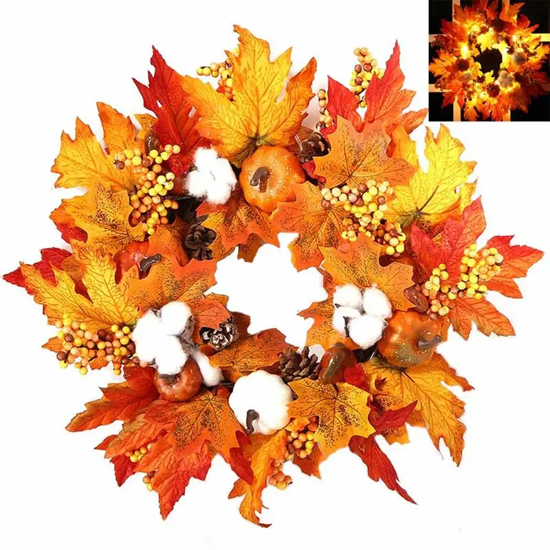 Хэллуин венок со светодиодной светильник кленовый лист Берри двери окна