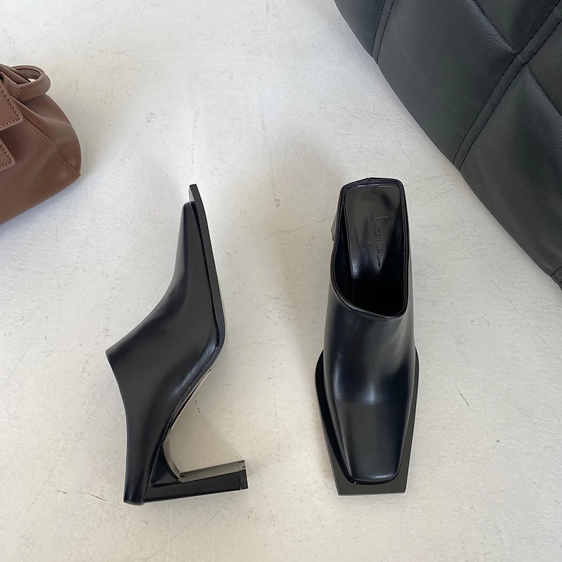 

Gladiator Women Sandals Slides Slippers Slip On Mules Shoes Thick High Heels Black/White Thick High Heels Shallow Mules Shoes