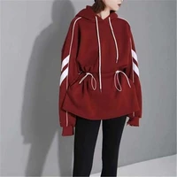 autumn and winter new womens two wear drawstring pullover sweater loose white striped mid length hooded womens clothing wh75