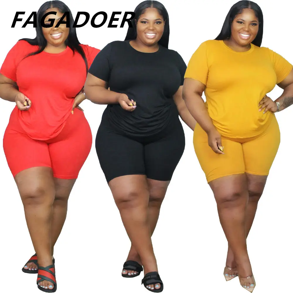 

FAGADOER Plus Size Women Tracksuit 4XL 5XL Summer Solid Two Piece Set tshirt And Biker Shorts Sport Casual Outfits 2021