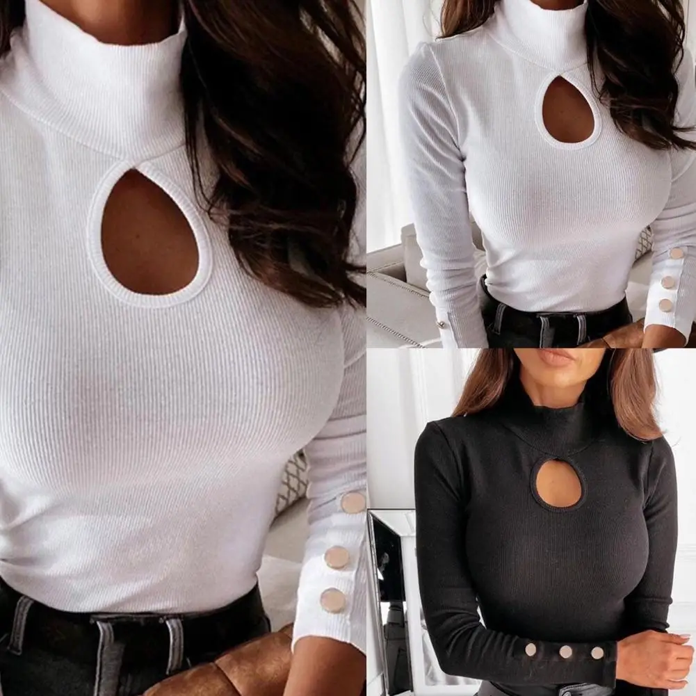 

Sexy Women Long Sleeve Turtle Neck Hollow Out Chest Blouse Buttons Cuff Pullover