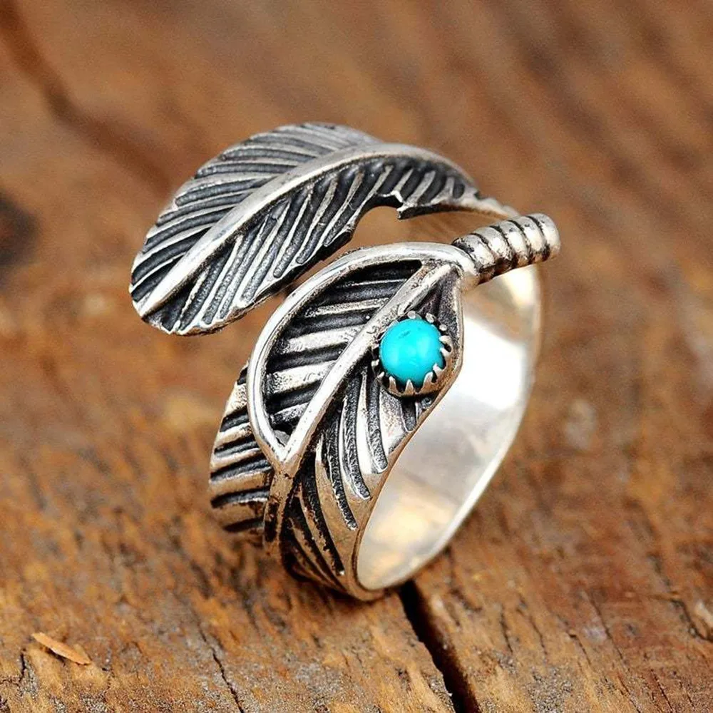 Bohemia Leaf Feather Rings for Women Female Turquoises Thumb Silver Color Ring Adjustable Boho Party Fashion Jewelry Statement