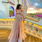 Verngo 2021 пастельные розовые трапециевидные тюлевые платья для выпускного вечера пикантные золотые кружевные вечерние платья с открытыми плечами и аппликацией Разрезом Длинное Вечернее Платье