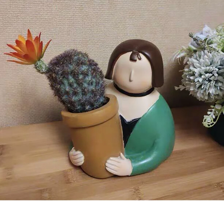 Florero de resina personaje de dibujos animados maceta cara humana florero suculento arreglo повязка на голову sala de estar dormitorio