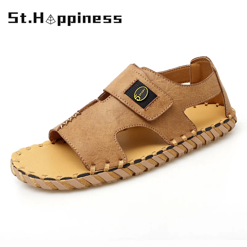 

2021 New Summer Fashion Men's Leather Sandals Outdoor Non-slip Flat Wading Shoes Comfortable Handmade Beach Flip Flop Big Size
