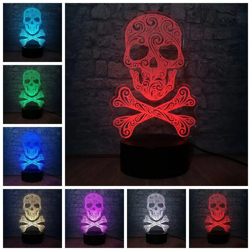 Halloween Skull 3D LED Color Night Light Change Lamp 7 Changing Atmosphere Pirate Desk Party Luminaria Decor Kid Gift | Лампы и