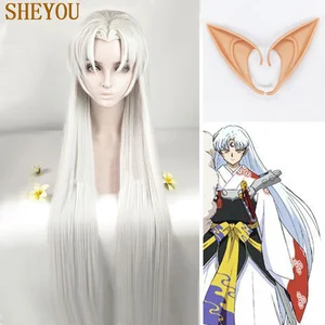39in 100 см длинные Inuyasha Sesshomaru парик с соблазнительными кошачьими ушками, термостойкие Косплэй серебристо-синтетические волосы, парик + парик Кепки