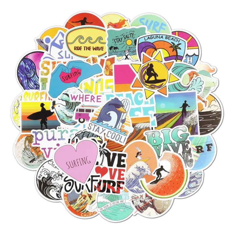 

50 PCS Summer Surfing Sticker Beach Travel Graffiti Surf Stickers DIY for Surfboard Laptop Luggage Bicycle Tablet Water Bottle