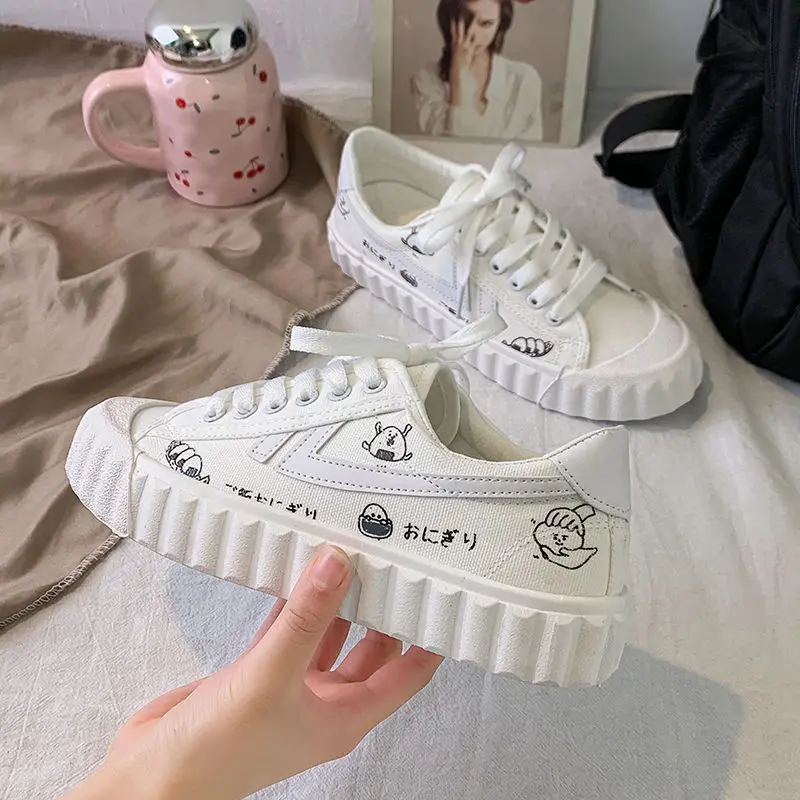 

Women Flatts Strawberry Printed Sweet Girls Shoes Causal Lace Up White Shoes Canvas 35-40 Plus Size
