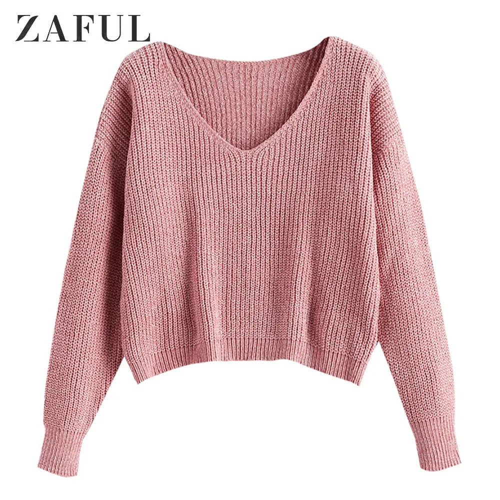 Укороченный джемпер с v-образным вырезом и спущенным плечом от ZAFUL свитер длинным