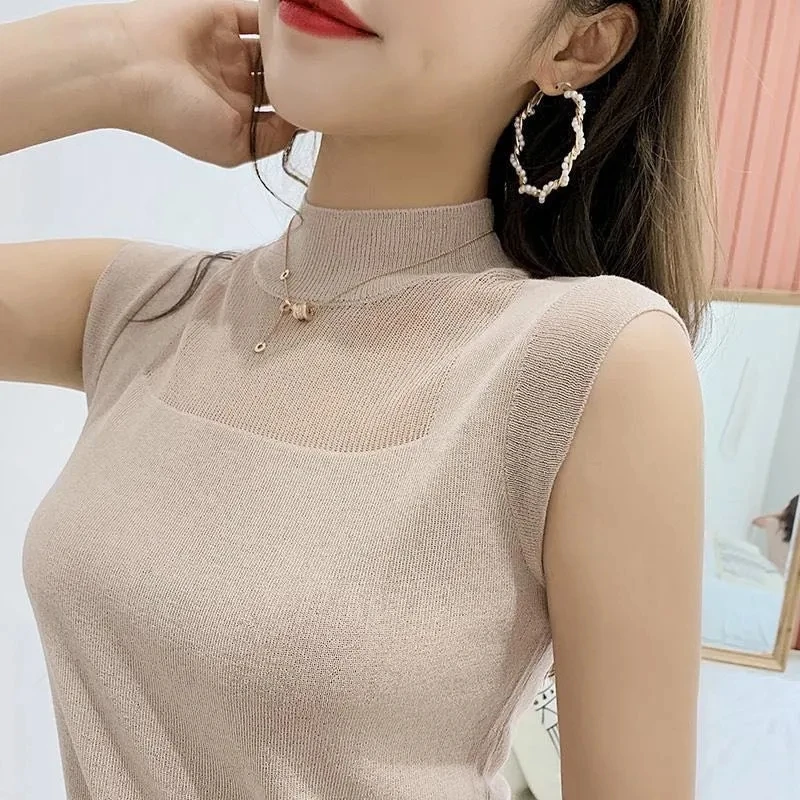 Sleeveless Knitted Top Thin Tank Top Woman Off Shoulder Gauze Cut Out Aesthetic Turtleneck Vest Sweater Korean Fashion Clothing