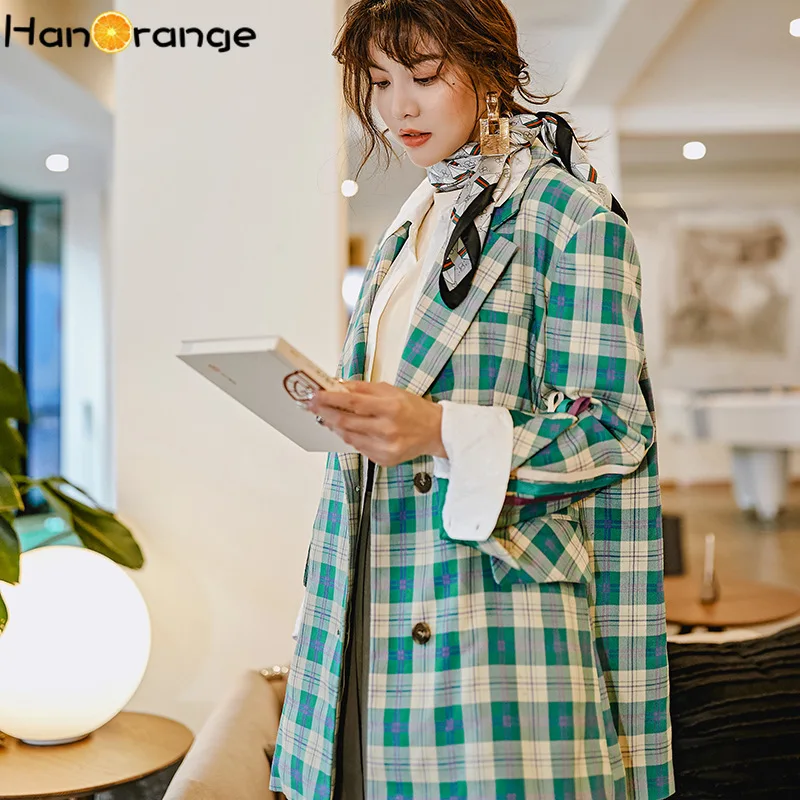 Женский Длинный блейзер в клетку зеленое клетчатое пальто с поясом элегантная