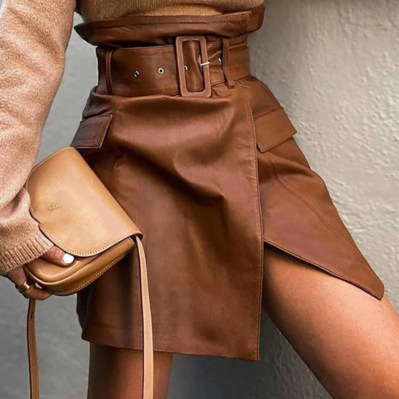 

Women Sexy PU Leather Bodycon Skirt 2020 Fashion Elegant Drawstring Skirts Autumn Ladies Vintage Solid High Waist Slim Skirts