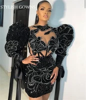 new sexy short prom dresses for black girls 2022 beaded sequined birthday party gowns lantern sleeve mini cocktail homecoming