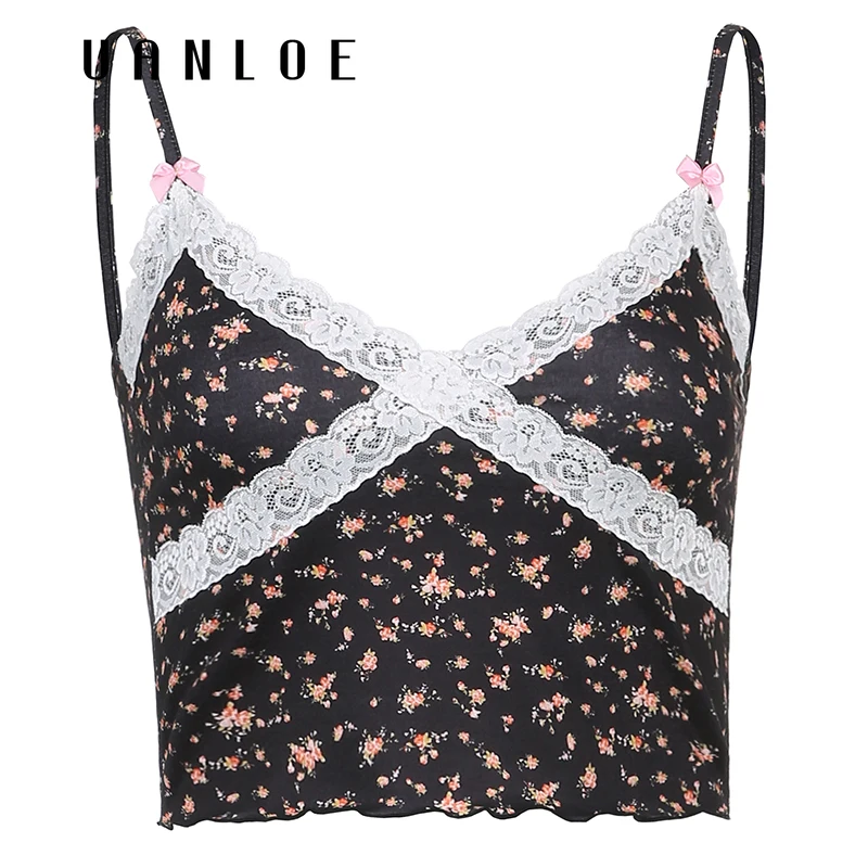 

UANLOESmall Floral Print Crop Top Women's Sleeveless Lace Patchwork Vintage Camisole E-Girls Fashion Streetwear Vest Femme Y2K