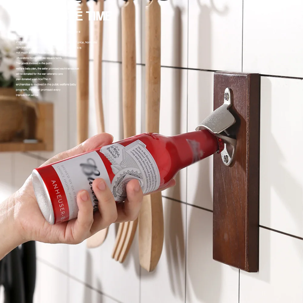 

Vintage Wall Mounted Bottle Opener Creative American Metal Retro Wood Beer Corkscrew High Quality Kitchen Tool Home Decoration