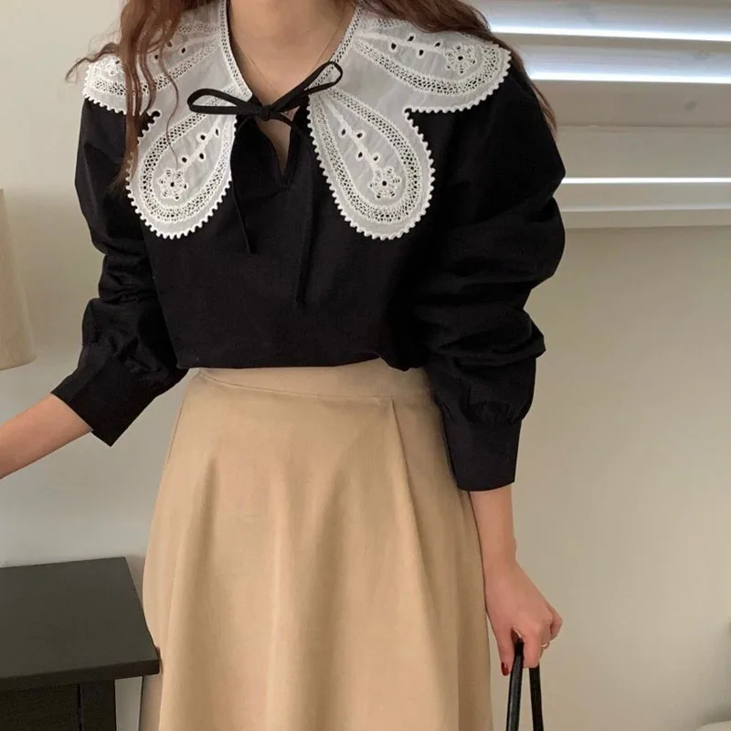 

Новинка весна-осень 2021 корейский Ретро Дикий шикарный однотонный V-образный вырез шнуровка рубашки Топ для женщин