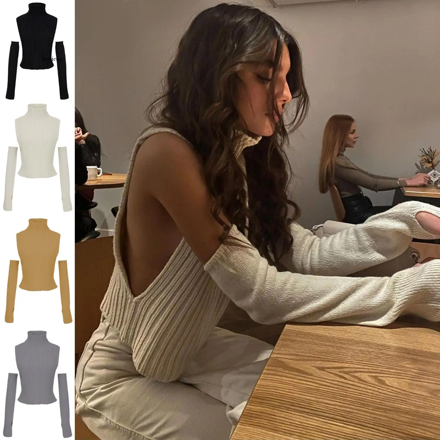 

2021 осень-зима новый пуловер свитер для женщин Y2K водолазка без Рукавов Рукава однотонные Цвет свитер для женщин