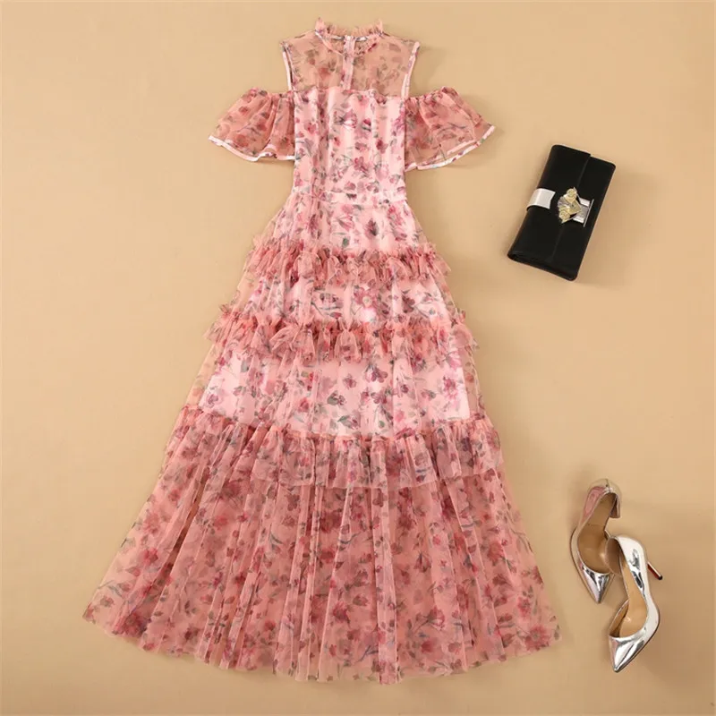 

Elegant Designer Runway Women's Off The Shoulder Sweet Long Maxi Party Dresses for Summer Floral Ruffles Princess Prom Vestidos