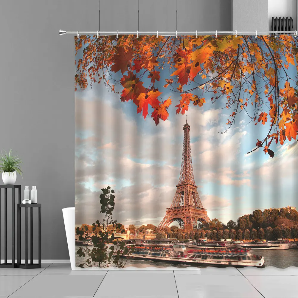 

Iron Tower Print Shower Curtain set Autumn City Landscape Bathroom Curtain Bathtub Decor Curtain Polyester Fabric With Hooks