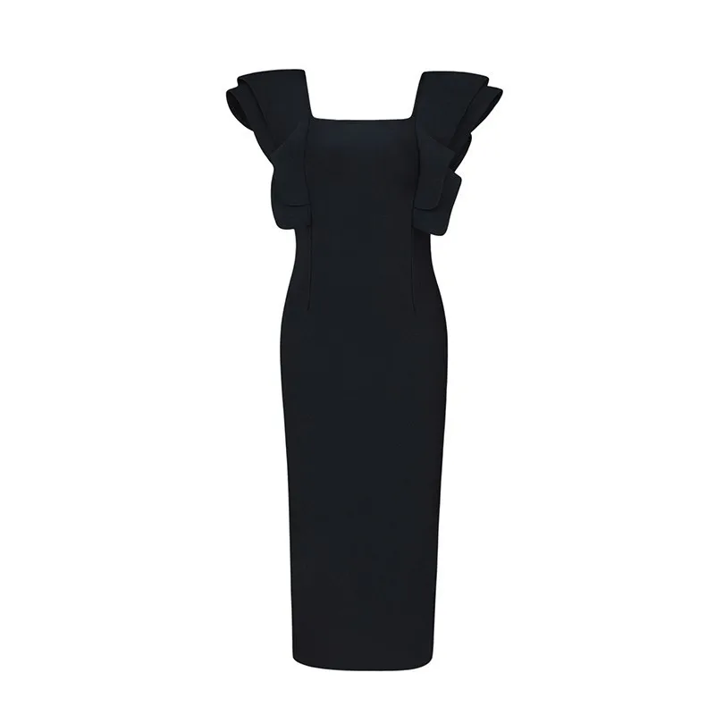 

VGH Patchwork Ruffle Slim Dress For Women Square Collar Sleeveless High Waist Sexy Bodycon Dresses Female Fashion Clothing 2020