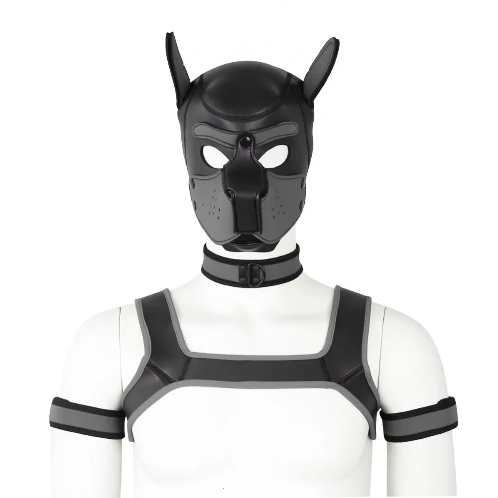 Серый Puppy Play Dog Bondage Hood Mask Collar Armband Cosplay Fantasy Harness Bondage Sexy Set Adult Games Slave Pup Role Play Couples - Цвет: Серый