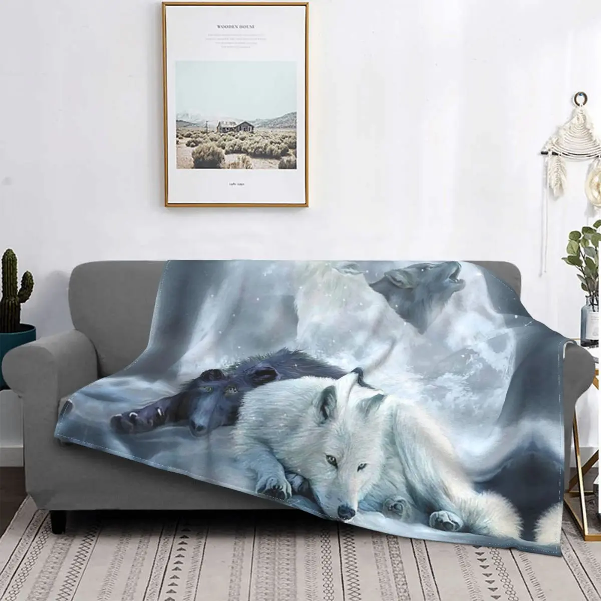 

Wolf Warrior Fantasy Fleece Blanket Wolves Howling Moon Customized Throw Blankets for Bed Sofa Couch 150*125cm Quilt