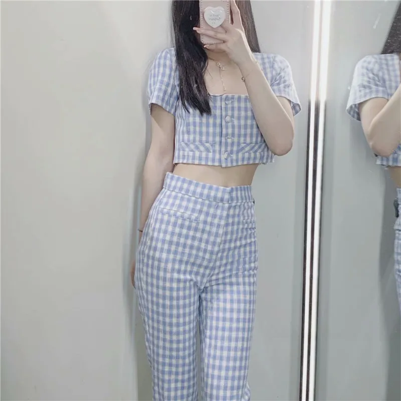 

ZA Blue Gingham Cropped Shirt Women 2021 Short Sleeve Square Neck Vintage Summer Top Woman Fashion Button Up Plaid Blouse