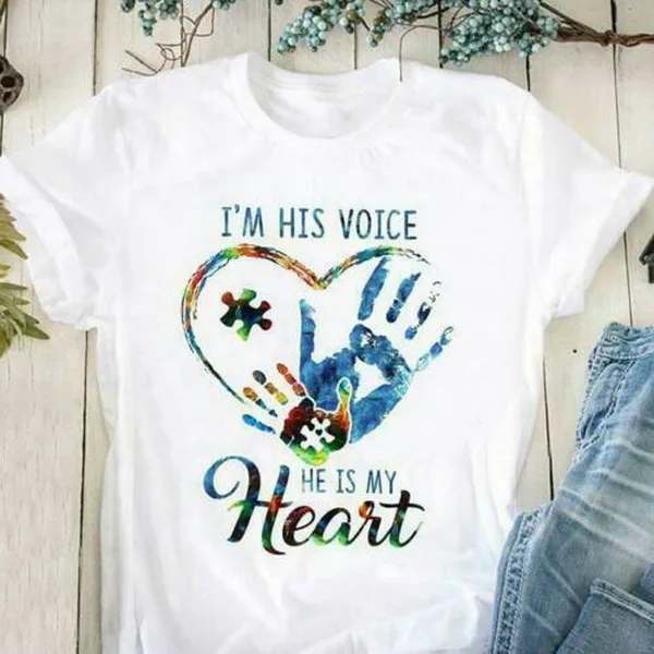 

Autism I'M His Voice He Is My Heart Ladies T-Shirt White Cotton S-3Xl Funny Tee Shirt