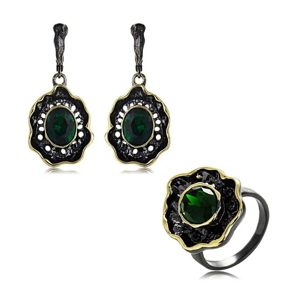 Кольцо и серьги Венская винтажная зеленая стразы ювелирные изделия Дубай модные