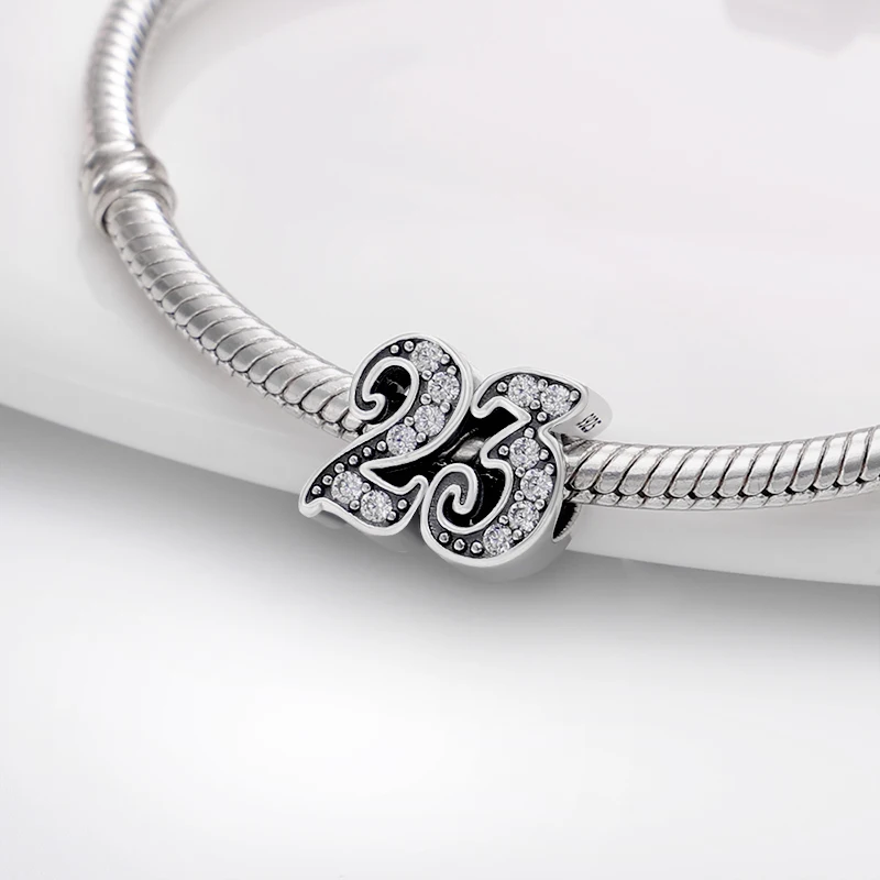 

New 100% 925 Silver Fit Original Pandora Bracelet Necklace Zircon Arabic Numeral 23 Plata De Ley Charms Women Fine Jewelry Gift