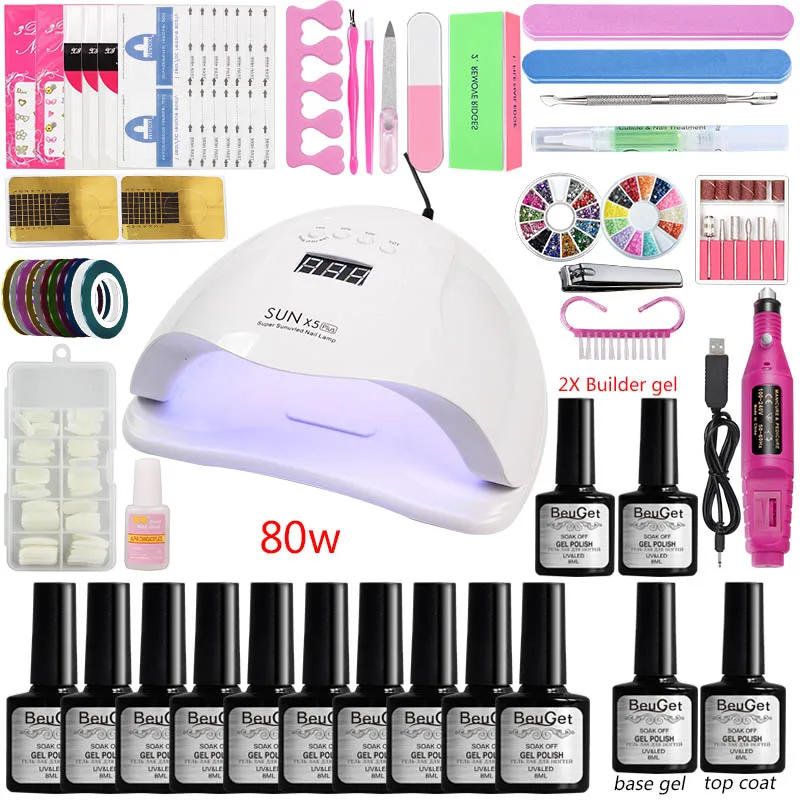 80w-x5 lamp gel set Ногти набор для маникюра дезайна ногтей 48 Вт/80 Вт Светодиодная УФ лампа для сушки лака для ногтей гель инструмент для строителя гель набор электрическая машина Набор Профессиональный стартовый маникюрный набор - Цвет: 80w-x5 lamp gel set