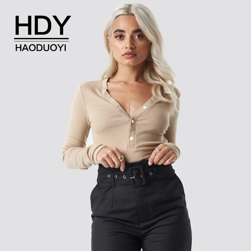 HDY Haoduoyi, Новое поступление, осенняя мода, простая, базовая, приталенная, тонкая, длинный рукав, глубокий v-образный вырез, декоративная футболка, джемпер
