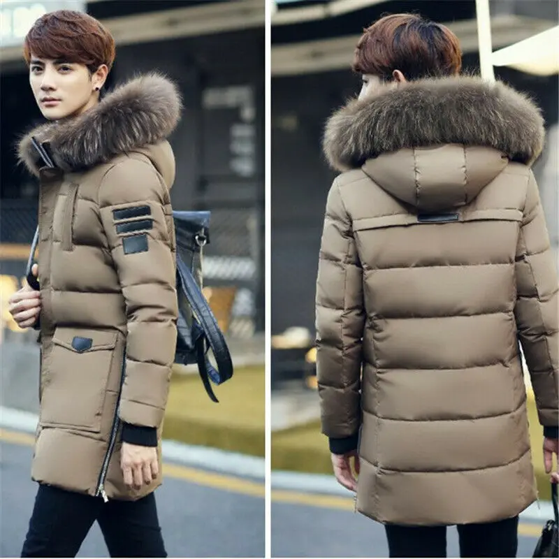 Зимний мужской slim пуховая куртка с капюшоном и пердеть меховым воротником Теплая