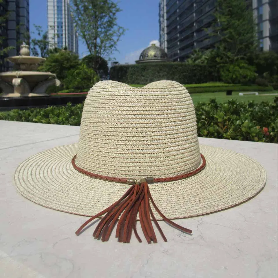 Летняя универсальная модная бежевая Джаз Кепка с кисточками Пляжная соломенная