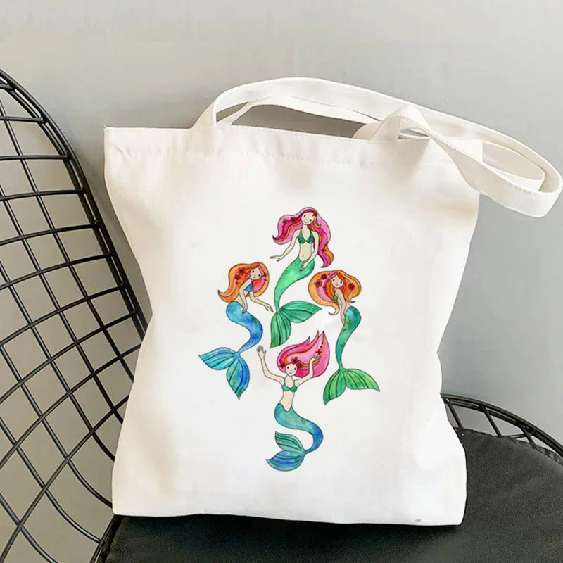 

2021 Shopper Merry Mermaids in Watercolor Printed Kawaii Bag Harajuku women Shopping Bag Canvas Shopper Bag Shoulder Lady Bag