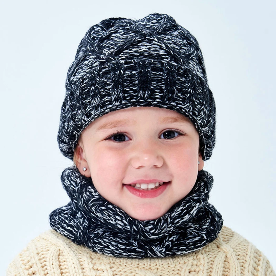 Black Теплые флисовые Вязанные Трикотажные Шапочки Snood комплект зимняя уличная детская шапка шарф Детские шапки Скалли Лыжные шапки для мальчиков и девочек - Цвет: Black