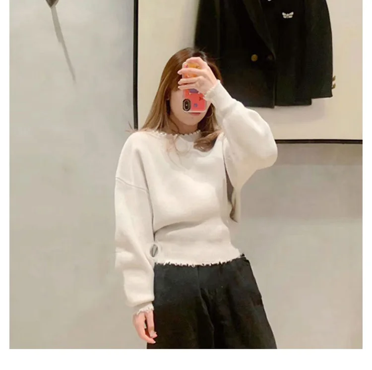 

Women Sweater 2021 Fall/winter New Pearl Trim Pullover Sweater