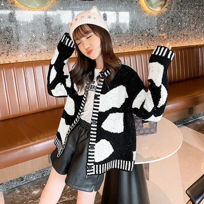

Cardigan for Girls Autumn Black White Knitted Cardigan Children's Outerwear Fashion Short Coat Tops 13 14 Years Kids Clothes