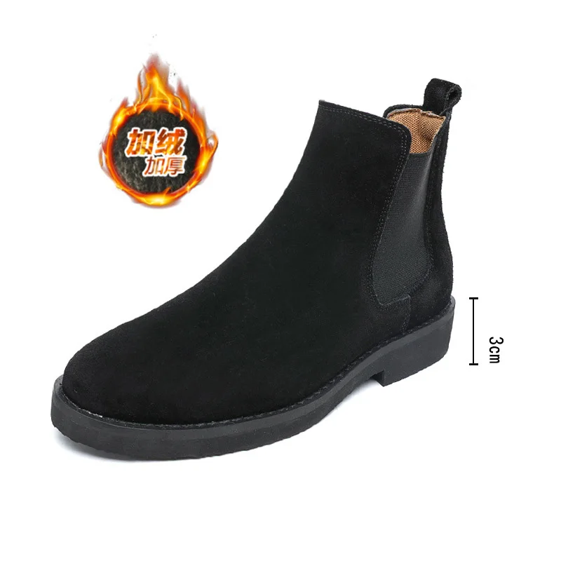 Black Add cotton NPEZKGC/осенние модные повседневные мужские ботинки «Челси»; Мужская обувь из коровьей замши; качественные мужские ботинки в байкерском стиле без шнуровки - Цвет: Black Add cotton