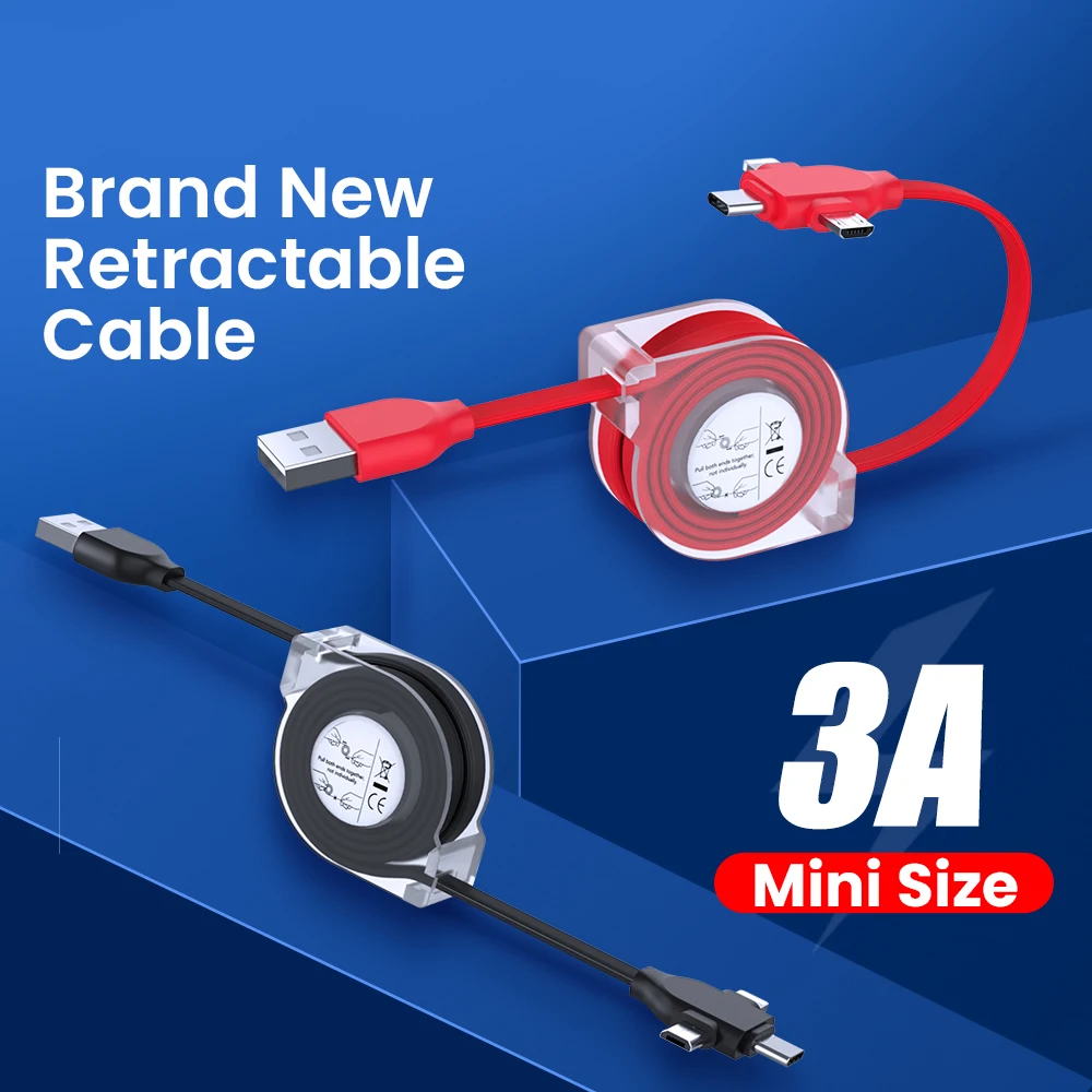 1/2m 3 In 1 USB Charge Cable 8 Pin/Micro USB/Type C Kable Portable Retractable 3A Fast Charging Cord For iPhone 13 12 11 XS X XR | Мобильные
