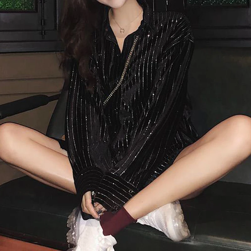 Женская блузка в полоску RealShe черная с длинным рукавом для осени и зимы 2019|Блузки|