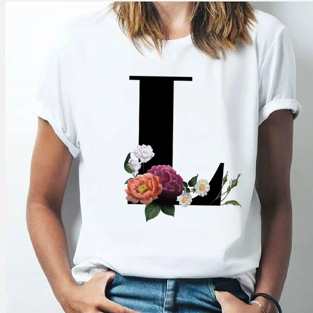 

Fashion 2021 Cotton T-shirt 26-letter Women's T-shirt Girl A To Z Monogram Flower Short-sleeved Casual Korean Top