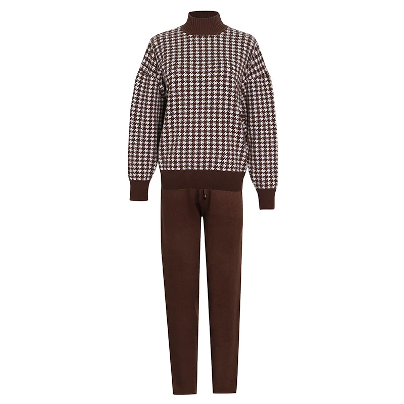 

2021 Autumn Winter Black Blue Brown Khaki Fashion Casual Stripe Women Sweater and High-rise Straight-leg Trousers Women's Suits