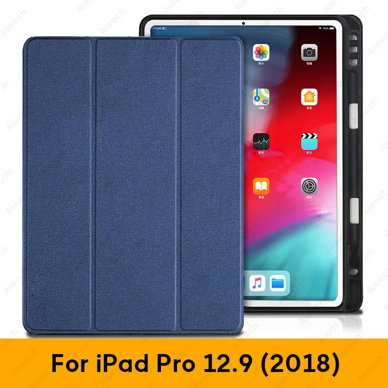 12.9 2018 Blue Чехол для iPad Pro 12,9 с держателем-карандашом из искусственной кожи, передняя крышка, мягкий силиконовый чехол для iPad Pro 12,9 - Цвет: 12.9 2018 Blue