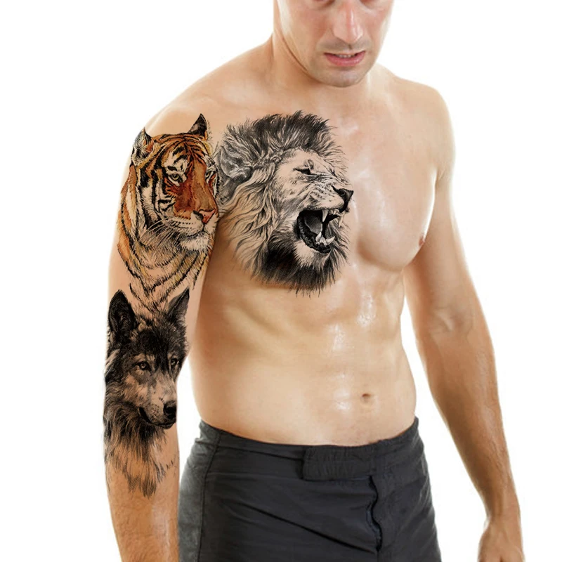 

Black Lion Tiger Temporary Tattoo Sticker For Women Men Wolf Beast Tattoo Body Art Fake Tatoo Optional joining together