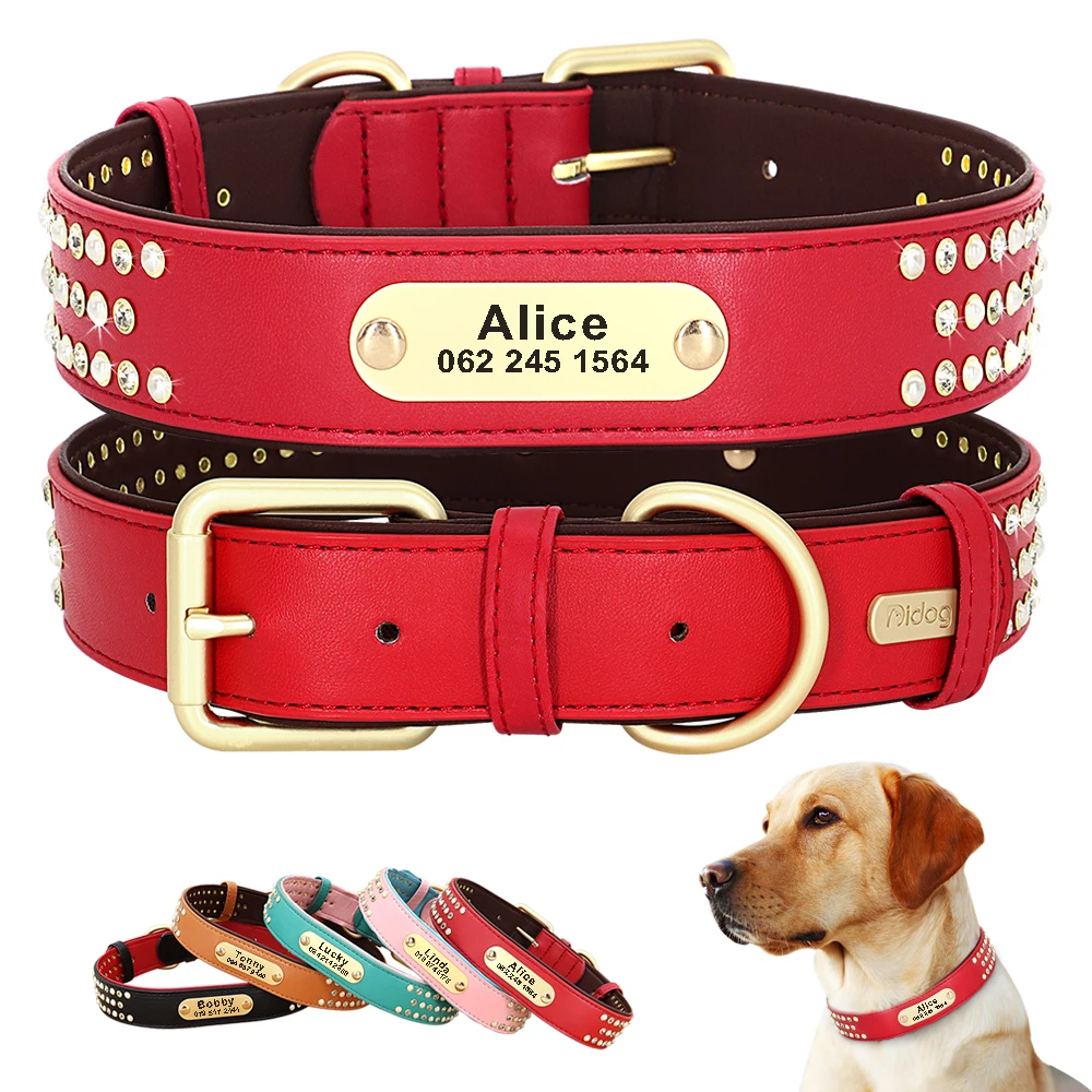 

Personalized Dog Collar Bling Rhinestone Custom Leather Dog Necklace Free Engraved Pet Collars With Nameplate FrenchBull Collar