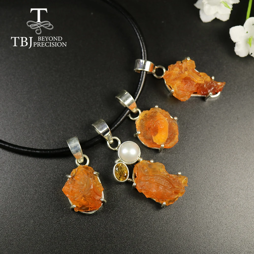 

TBJ,Natural Fire Opal pendant Handmade gemstone fine jewelry 925 sterling silver leather chord necklace for women best gift